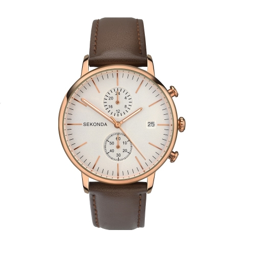 (特價品)SEKONDA 兩地時間棕色皮革錶帶腕錶